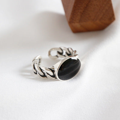 Lovcia Sterling Silver Adjustable Ring Black Epoxy Oval-Rings-Vintage-Vintage