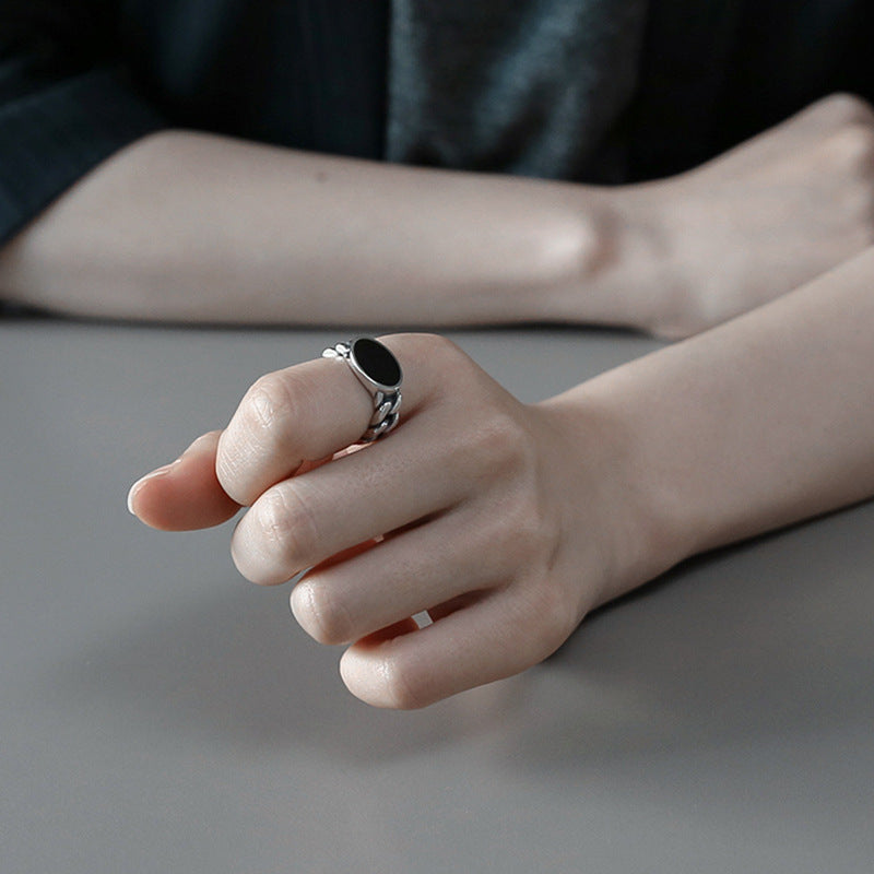 Lovcia Sterling Silver Adjustable Ring Black Epoxy Oval-Rings-Vintage-Vintage