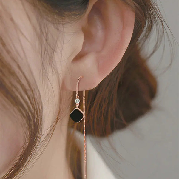 Lovcia Sterling Silver Black Square Tassel Earrings for Women-Earrings-Silver-Silver