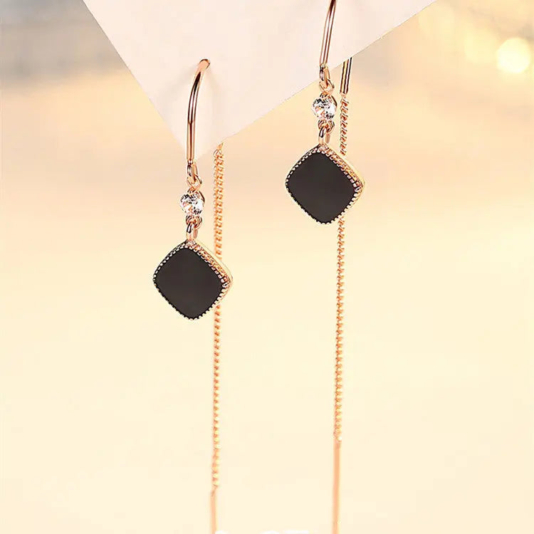 Lovcia Sterling Silver Black Square Tassel Earrings for Women-Earrings-Silver-Silver