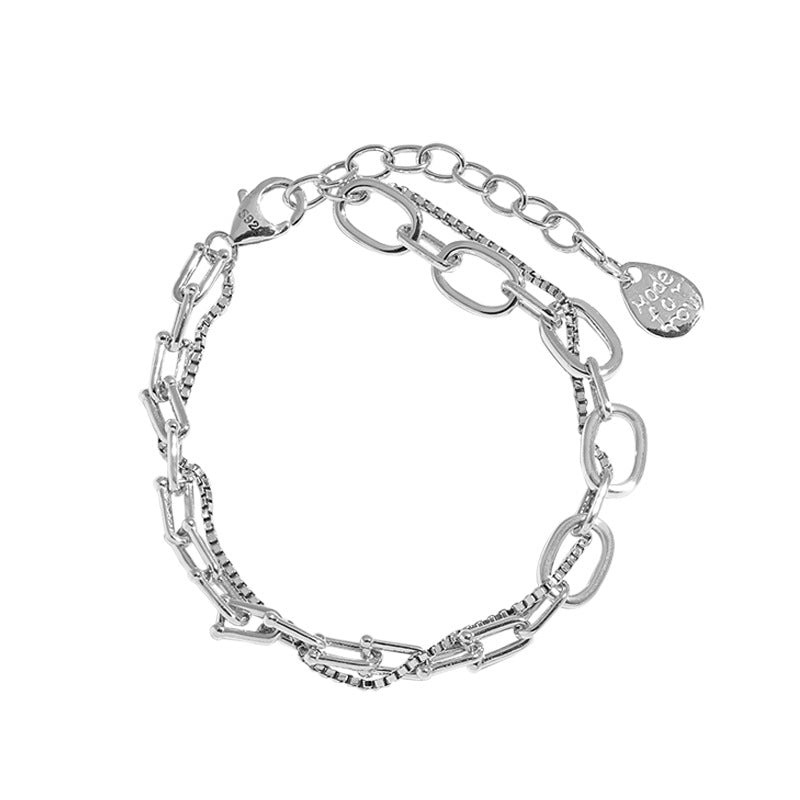 Lovcia Sterling Silver Bracelet Double Layer Box Rolo Chain-Bracelets-Silver-Silver