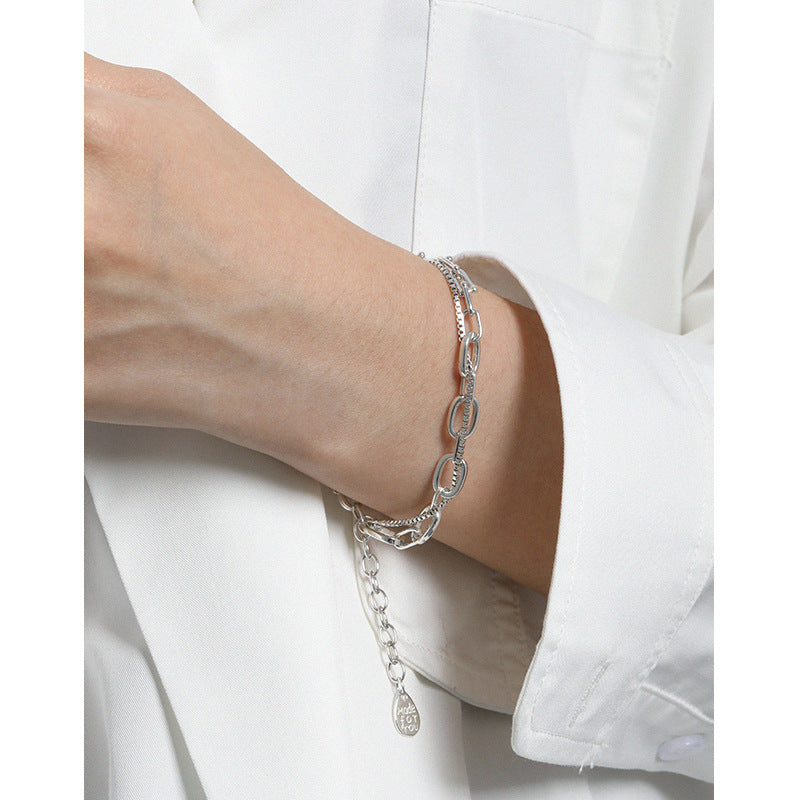 Lovcia Sterling Silver Bracelet Double Layer Box Rolo Chain-Bracelets-Silver-Silver