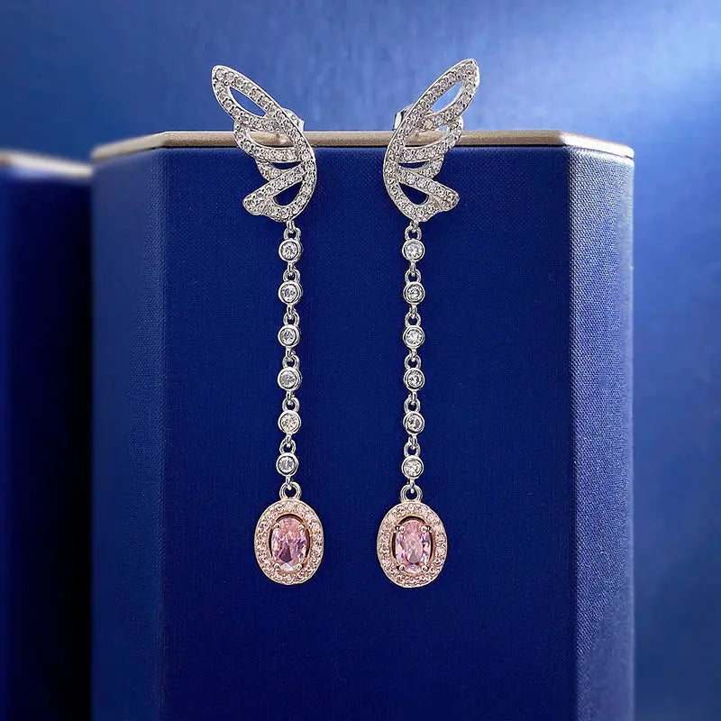 Lovcia Sterling Silver Butterfly Wing Pink Crystal Drop Dangle Earrings for Women-Earrings-Pink-Pink