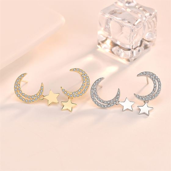 Lovcia Sterling Silver Crescent Moon and Stars Stud Earrings for Women with AAA Cubic Zirconia-Earrings-Silver-Silver