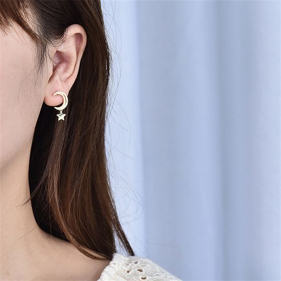 Lovcia Sterling Silver Crescent Moon and Stars Stud Earrings for Women with AAA Cubic Zirconia-Earrings-Silver-Silver