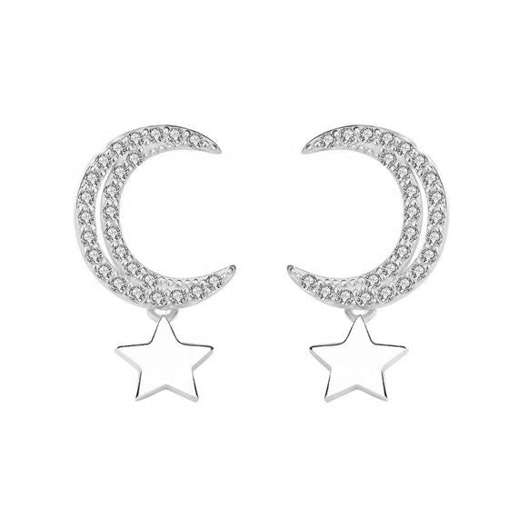 Lovcia Sterling Silver Crescent Moon and Stars Stud Earrings for Women with AAA Cubic Zirconia-Earrings-Silver-Silver