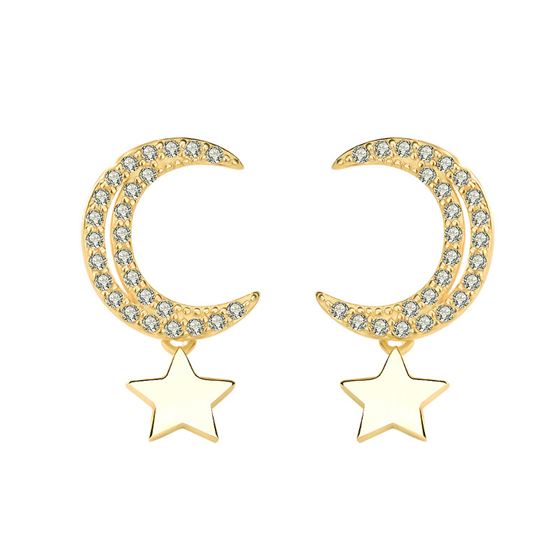 Lovcia Sterling Silver Crescent Moon and Stars Stud Earrings for Women with AAA Cubic Zirconia-Earrings-Yellow Gold-Yellow Gold