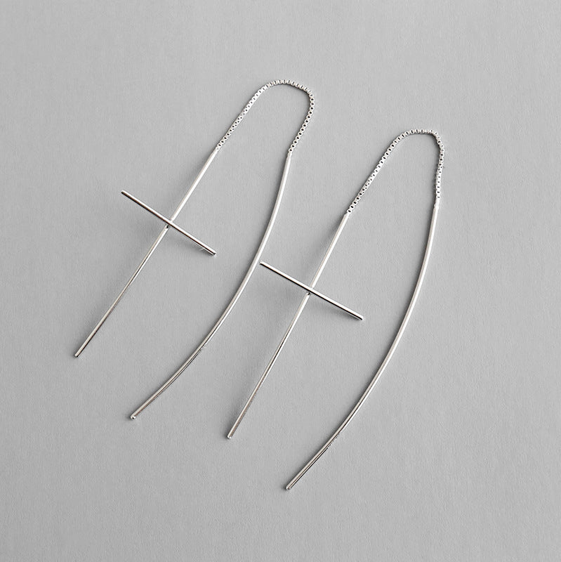 Lovcia Sterling Silver Cross Threader Earrings for Women with Rhodium Plating-Earrings-Rhodium-Rhodium