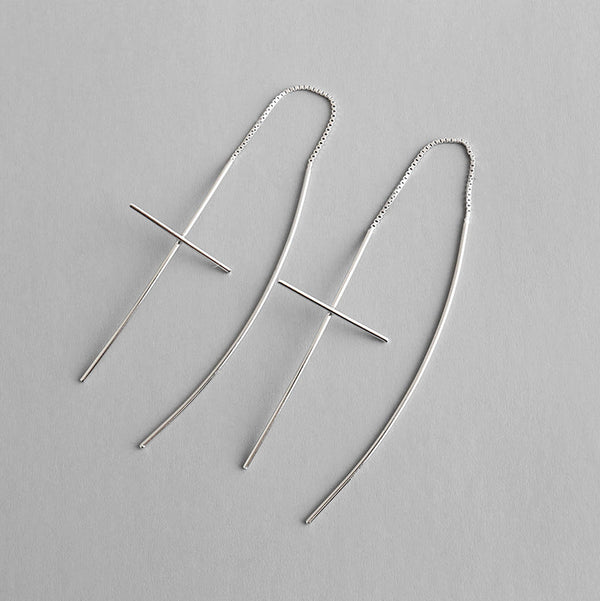 Lovcia Sterling Silver Cross Threader Earrings for Women with Rhodium Plating-Earrings-Rhodium-Rhodium