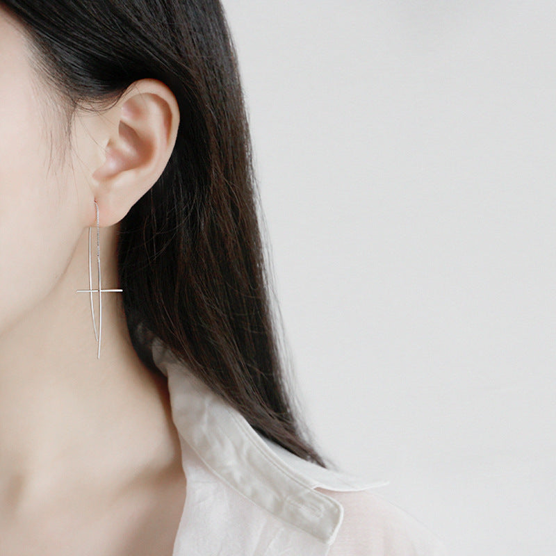 Lovcia Sterling Silver Cross Threader Earrings for Women with Rhodium Plating-Earrings-Rhodium-Rhodium