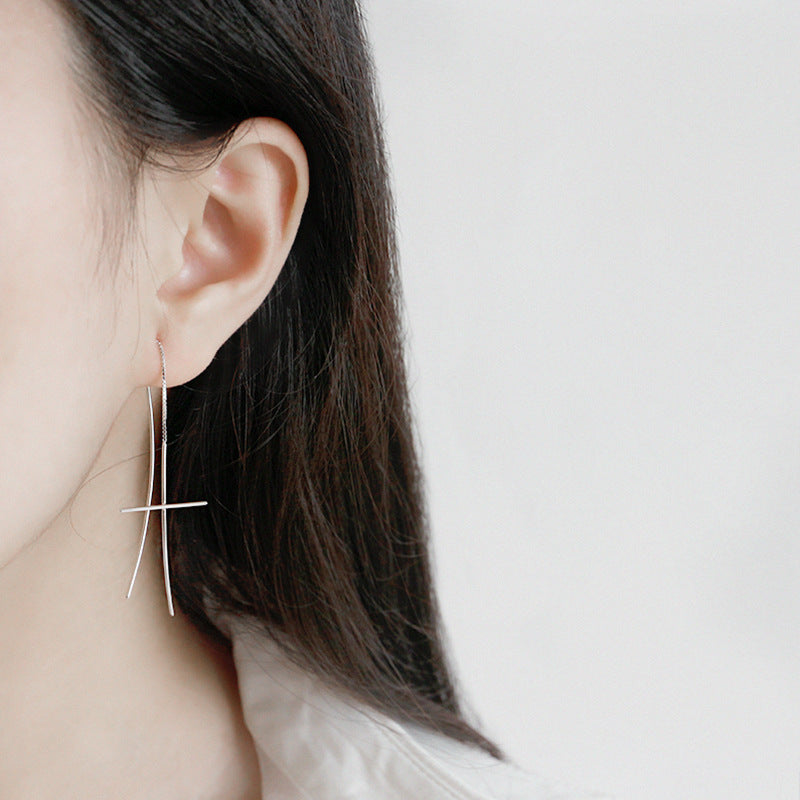 Lovcia Sterling Silver Cross Threader Earrings for Women with Rhodium Plating-Earrings-Rhodium-Rhodium