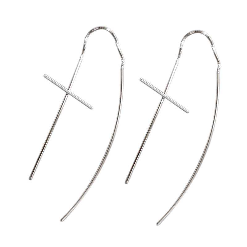 Lovcia Sterling Silver Cross Threader Earrings for Women with Rhodium Plating-Earrings-Rhodium-Rhodium
