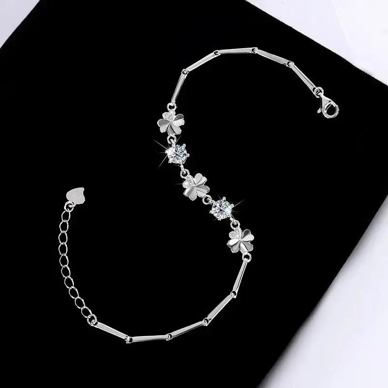 Lovcia Sterling Silver Four-leaf Clover Bracelet for Women with Shining Zircon and Moissanite Crystal Options-Bracelets-1 Karat Moissanite-1 Karat Moissanite