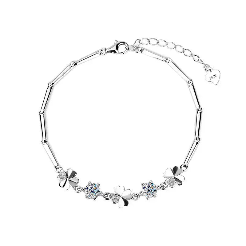Lovcia Sterling Silver Four-leaf Clover Bracelet for Women with Shining Zircon and Moissanite Crystal Options-Bracelets-1 Karat Zircon-1 Karat Zircon