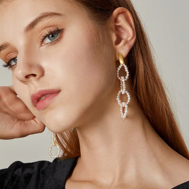 Lovcia Sterling Silver Freshwater Pearl Chain Drop Earrings for Women-Earrings-Silver-Silver