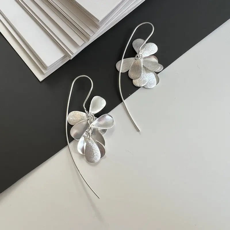 Lovcia Sterling Silver Geometric Frosted Flower Petal Earrings for Women-Earrings-Silver-Silver