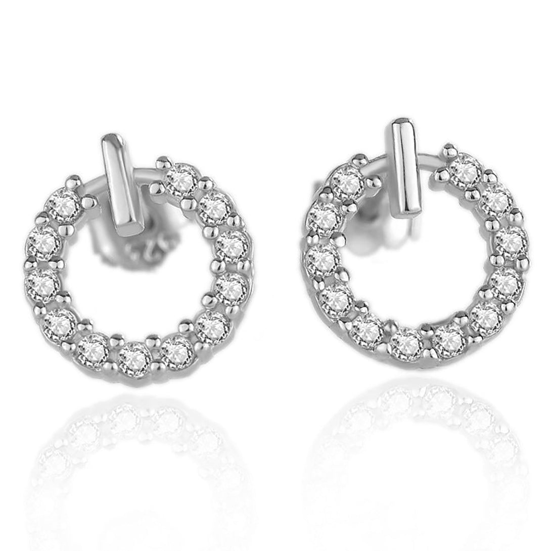 Lovcia Sterling Silver Geometric Round Cubic Zirconia Stud Earrings for Women-Earrings-Silver-Silver