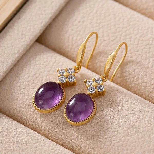 Lovcia Sterling Silver Gold-Plated Amethyst Drop Earrings for Women, Elegant Purple Gemstone Jewellery, Hypoallergenic Earring-Earrings-Purple-Purple