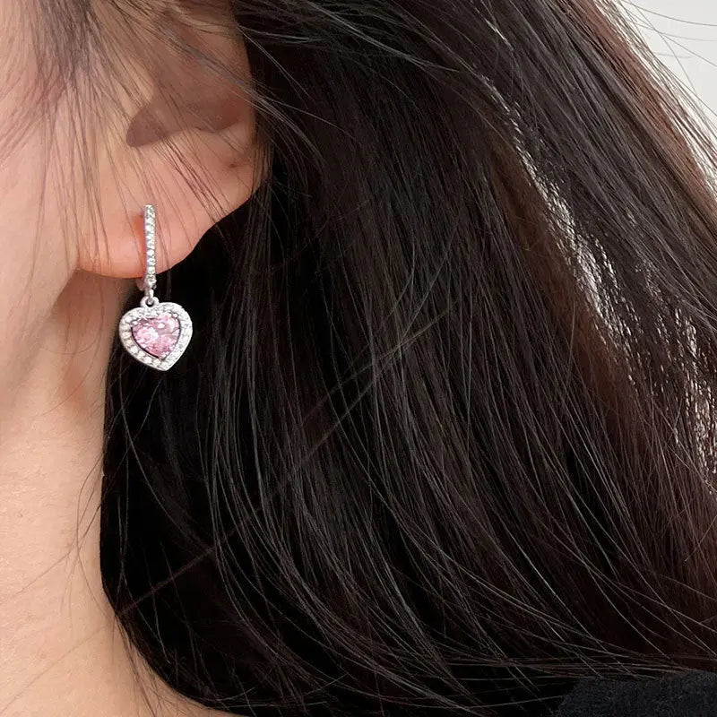 Lovcia Sterling Silver Heart-Shaped Pink Crystal Drop Earrings for Women, Hypoallergenic Sparkling Dangling Earrings-Earrings-Silver-Silver