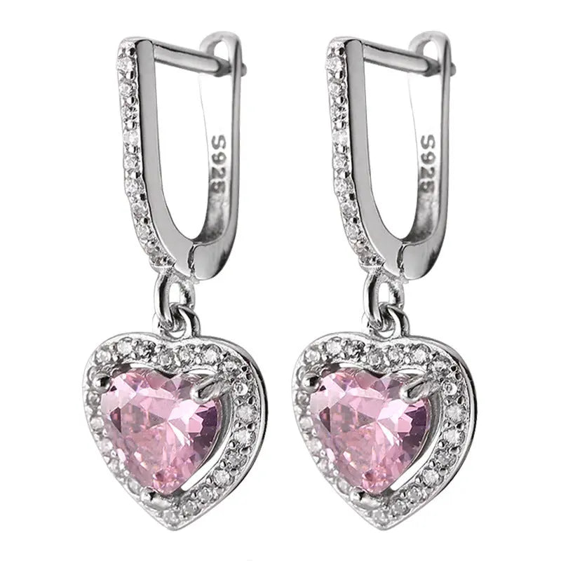 Lovcia Sterling Silver Heart-Shaped Pink Crystal Drop Earrings for Women, Hypoallergenic Sparkling Dangling Earrings-Earrings-Silver-Silver