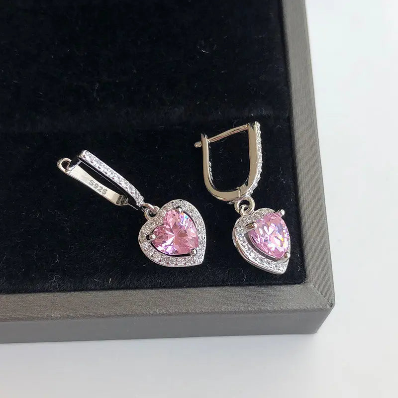 Lovcia Sterling Silver Heart-Shaped Pink Crystal Drop Earrings for Women, Hypoallergenic Sparkling Dangling Earrings-Earrings-Silver-Silver