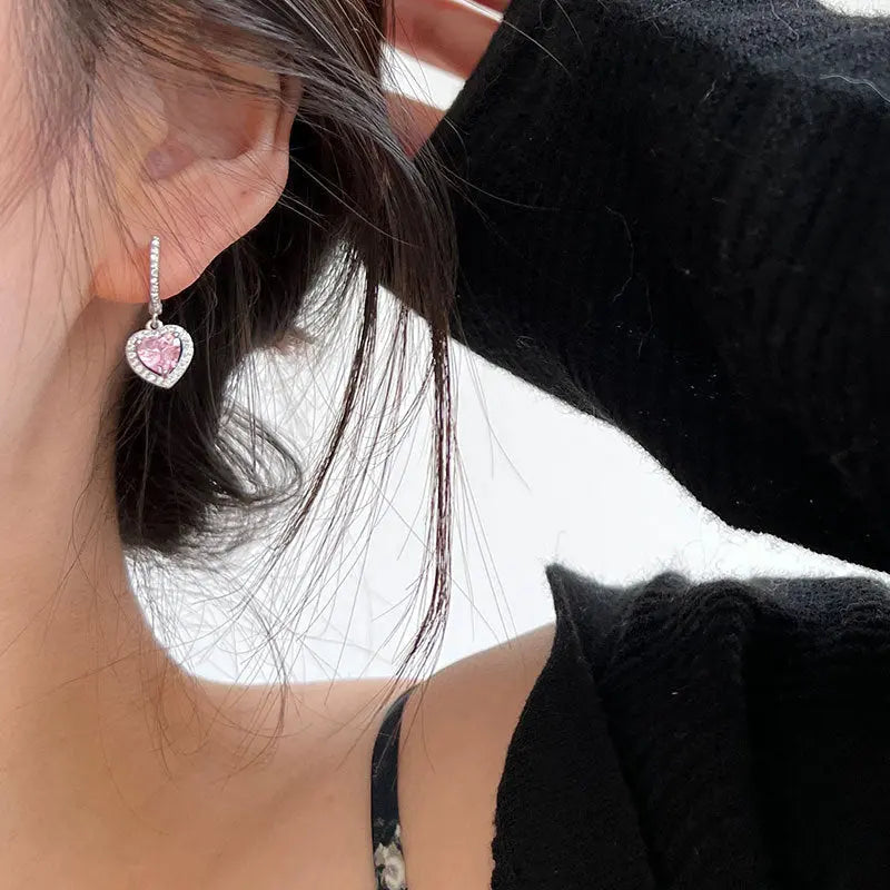 Lovcia Sterling Silver Heart-Shaped Pink Crystal Drop Earrings for Women, Hypoallergenic Sparkling Dangling Earrings-Earrings-Silver-Silver
