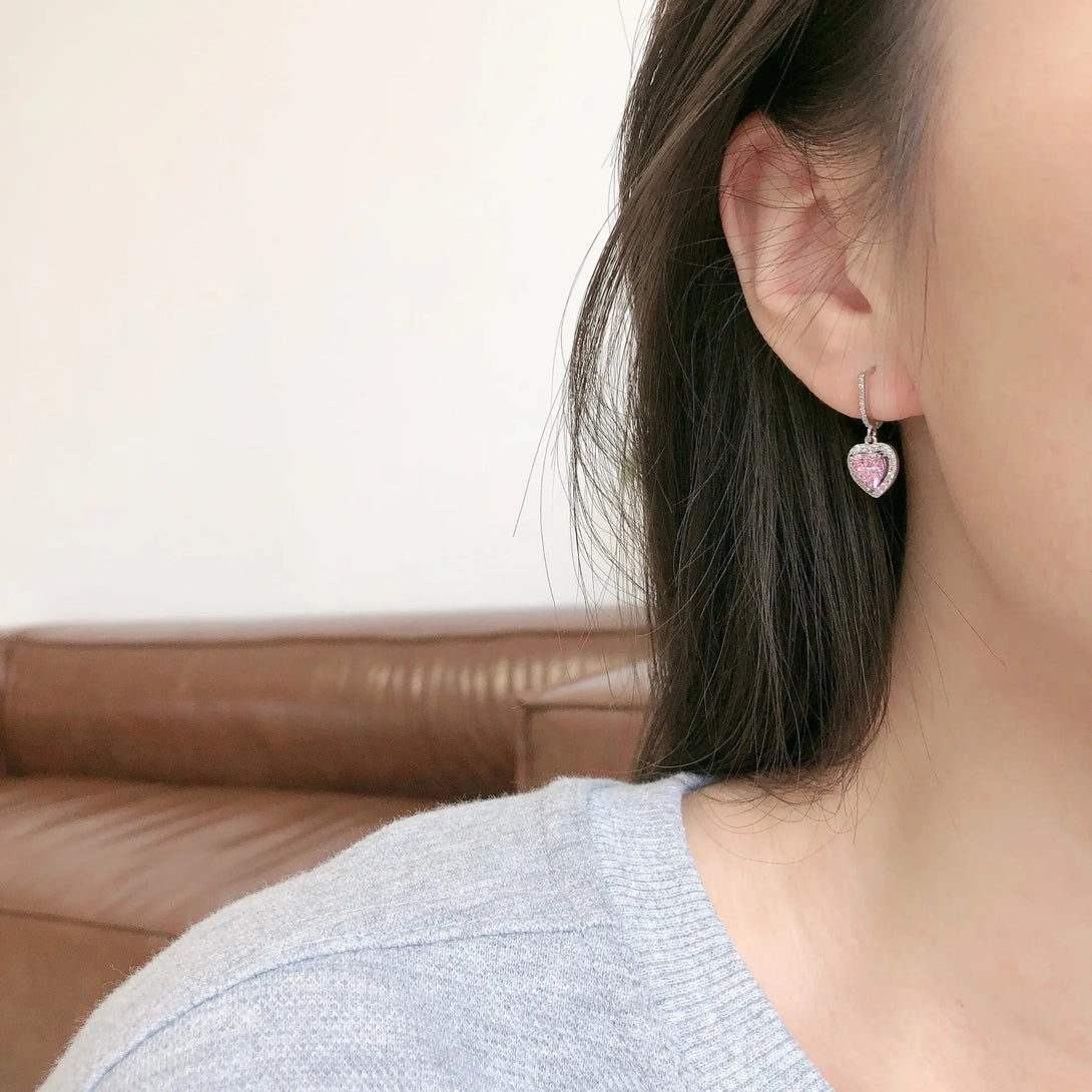 Lovcia Sterling Silver Heart-Shaped Pink Crystal Drop Earrings for Women, Hypoallergenic Sparkling Dangling Earrings-Earrings-Silver-Silver