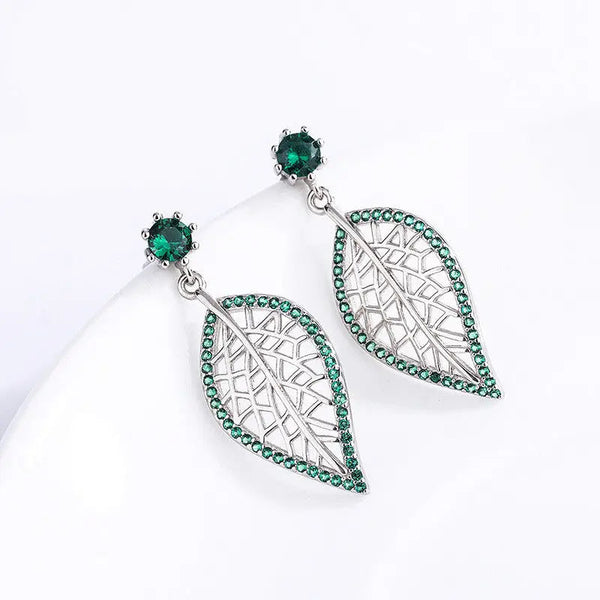 Lovcia Sterling Silver Leaf Stud Earrings with Green Gemstones for Women, Nature-Inspired Minimalistic Jewellery-Earrings-Green-Green