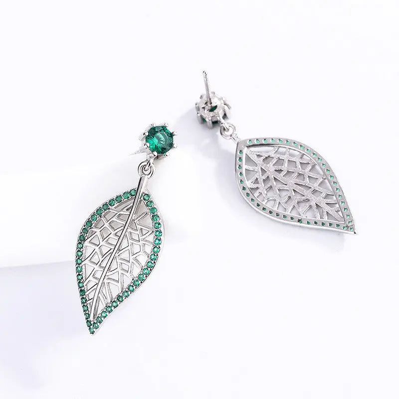 Lovcia Sterling Silver Leaf Stud Earrings with Green Gemstones for Women, Nature-Inspired Minimalistic Jewellery-Earrings-Green-Green