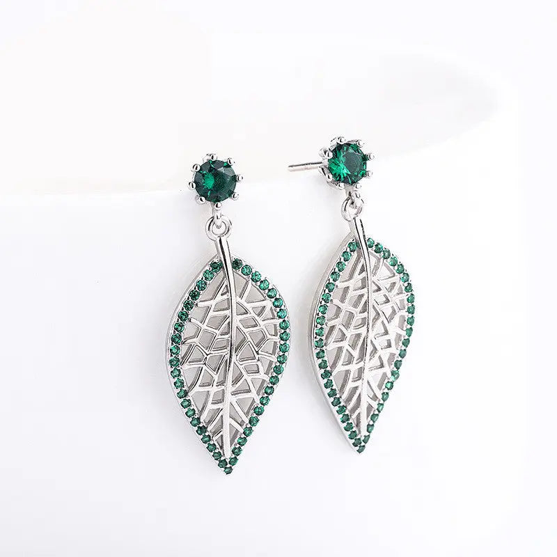 Lovcia Sterling Silver Leaf Stud Earrings with Green Gemstones for Women, Nature-Inspired Minimalistic Jewellery-Earrings-Green-Green
