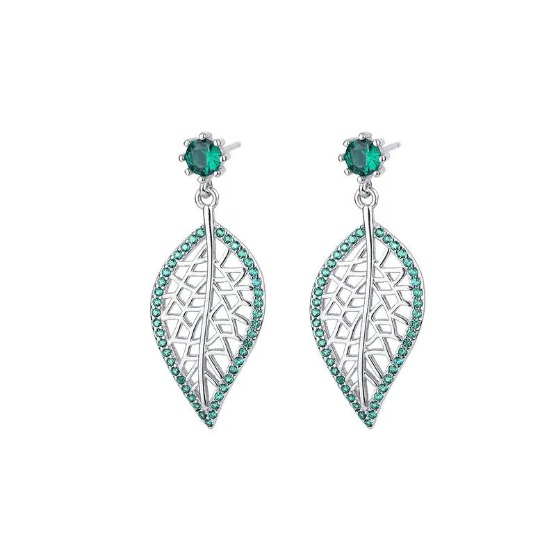 Lovcia Sterling Silver Leaf Stud Earrings with Green Gemstones for Women, Nature-Inspired Minimalistic Jewellery-Earrings-Green-Green