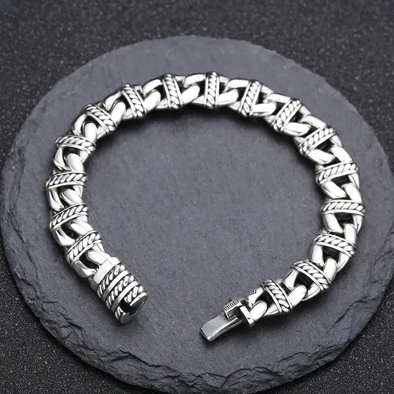 Lovcia Sterling Silver Men's Bracelet - Luxurious Link Bracelet for Men with Sleek Textured Chain Design-Bracelets-Bracelet 18cm Chain Length-Bracelet 18cm Chain Length
