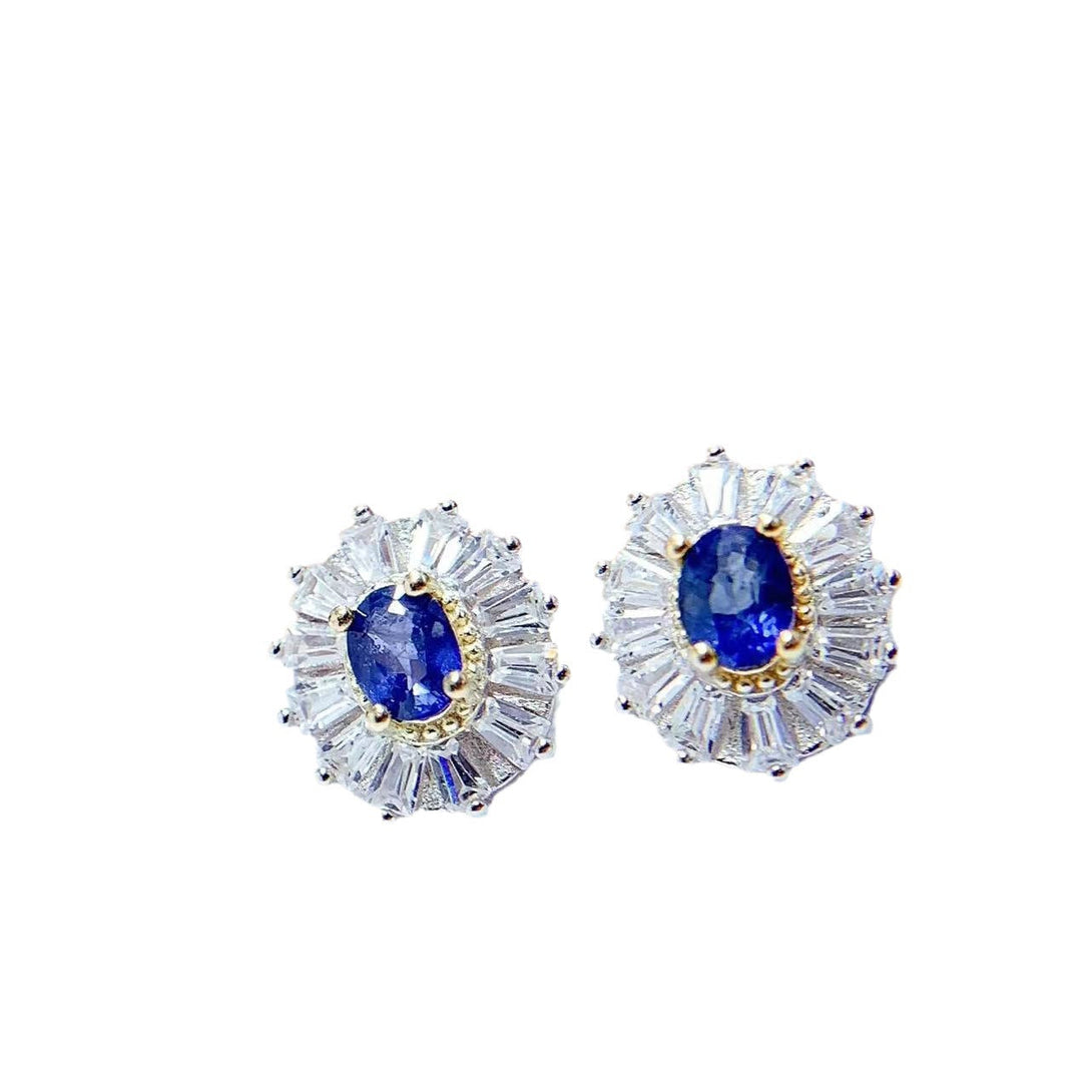 Lovcia Sterling Silver Natural Sapphire Stud Earrings for Women-Earrings-White Gold-925 Silver-White Gold