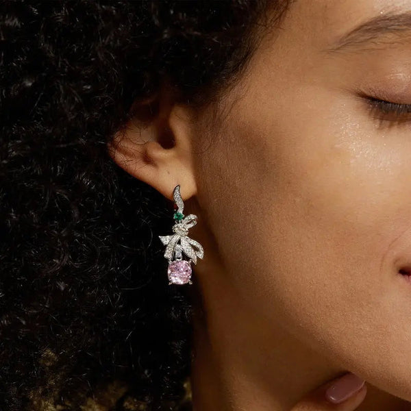 Lovcia Sterling Silver Pink Cushion Cut Gemstone Ribbon Drop Earrings for Women-Earrings-Thick Silver Platinum-925 Silver-Thick Silver Platinum