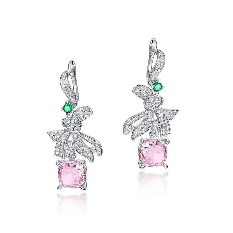 Lovcia Sterling Silver Pink Cushion Cut Gemstone Ribbon Drop Earrings for Women-Earrings-Thick Silver Platinum-925 Silver-Thick Silver Platinum