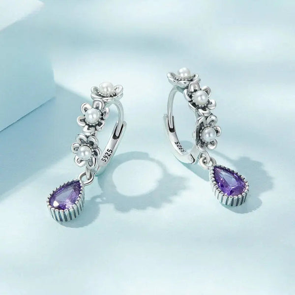 Lovcia Sterling Silver Purple Zircon Shell Pearl Flower Earrings for Women-Earrings-Silver-925 Silver-Silver