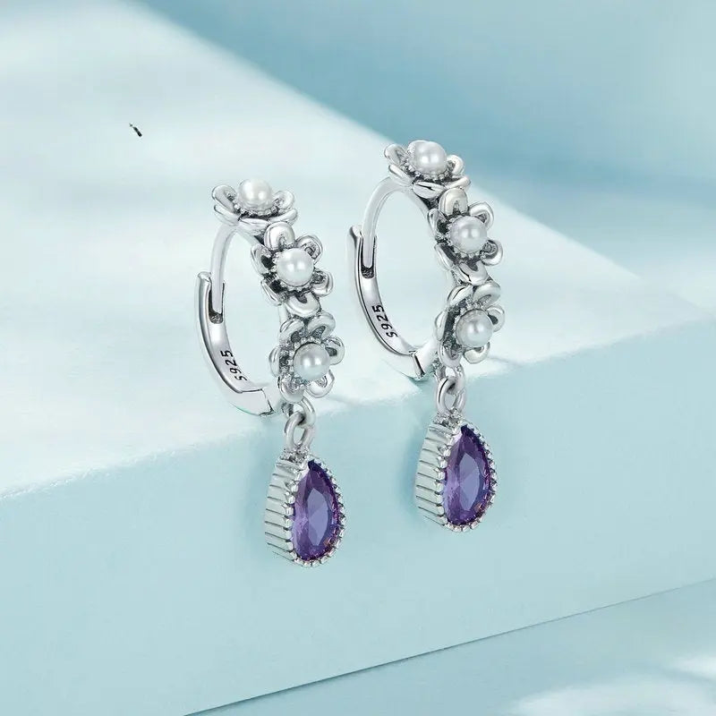 Lovcia Sterling Silver Purple Zircon Shell Pearl Flower Earrings for Women-Earrings-Silver-925 Silver-Silver