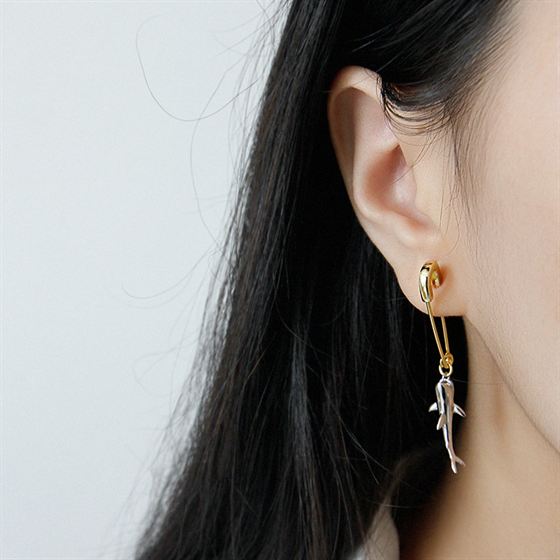 Lovcia Sterling Silver Shark Safety Pin Earring for Women with 18K Gold/Rhodium Finish (Single)-Earrings-