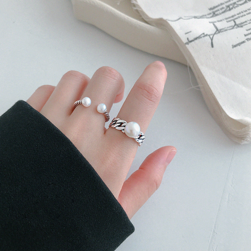 Lovcia Sterling Silver Shell Pearl Ring Twisted CZ Chain-Rings-#1037-#1037