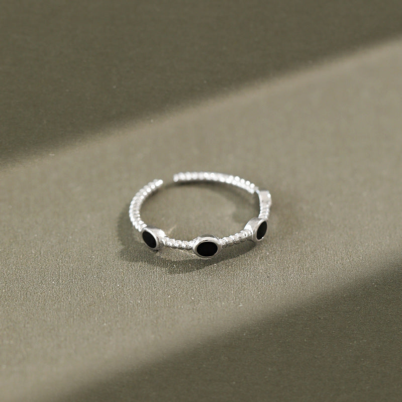 Lovcia Sterling Silver Twisted Black Epoxy Adjustable Ring-Rings-Rhodium-Rhodium