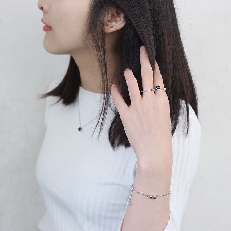 Lovcia Sterling Silver Twisted Black Epoxy Adjustable Ring-Rings-Rhodium-Rhodium
