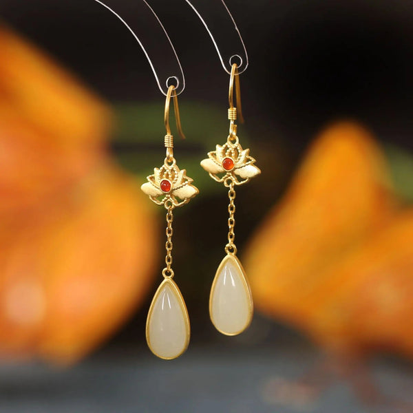 Lovcia Sterling Silver Water Drop Earrings with Hetian Jade and Red Agate Embellishments-Earrings-Golden Hetian Jade-925 Silver-Golden Hetian Jade