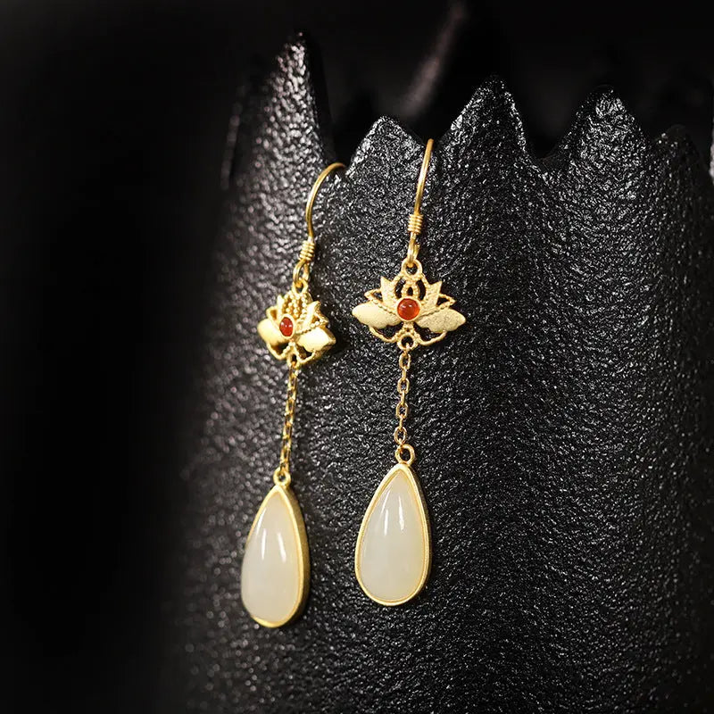 Lovcia Sterling Silver Water Drop Earrings with Hetian Jade and Red Agate Embellishments-Earrings-Golden Hetian Jade-925 Silver-Golden Hetian Jade