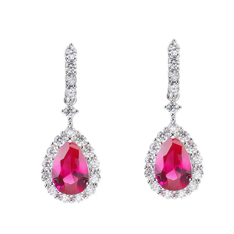 Lovcia Sterling Silver Water Drop Earrings with Red Corundum and Zircon for Women-Earrings-Red-Red