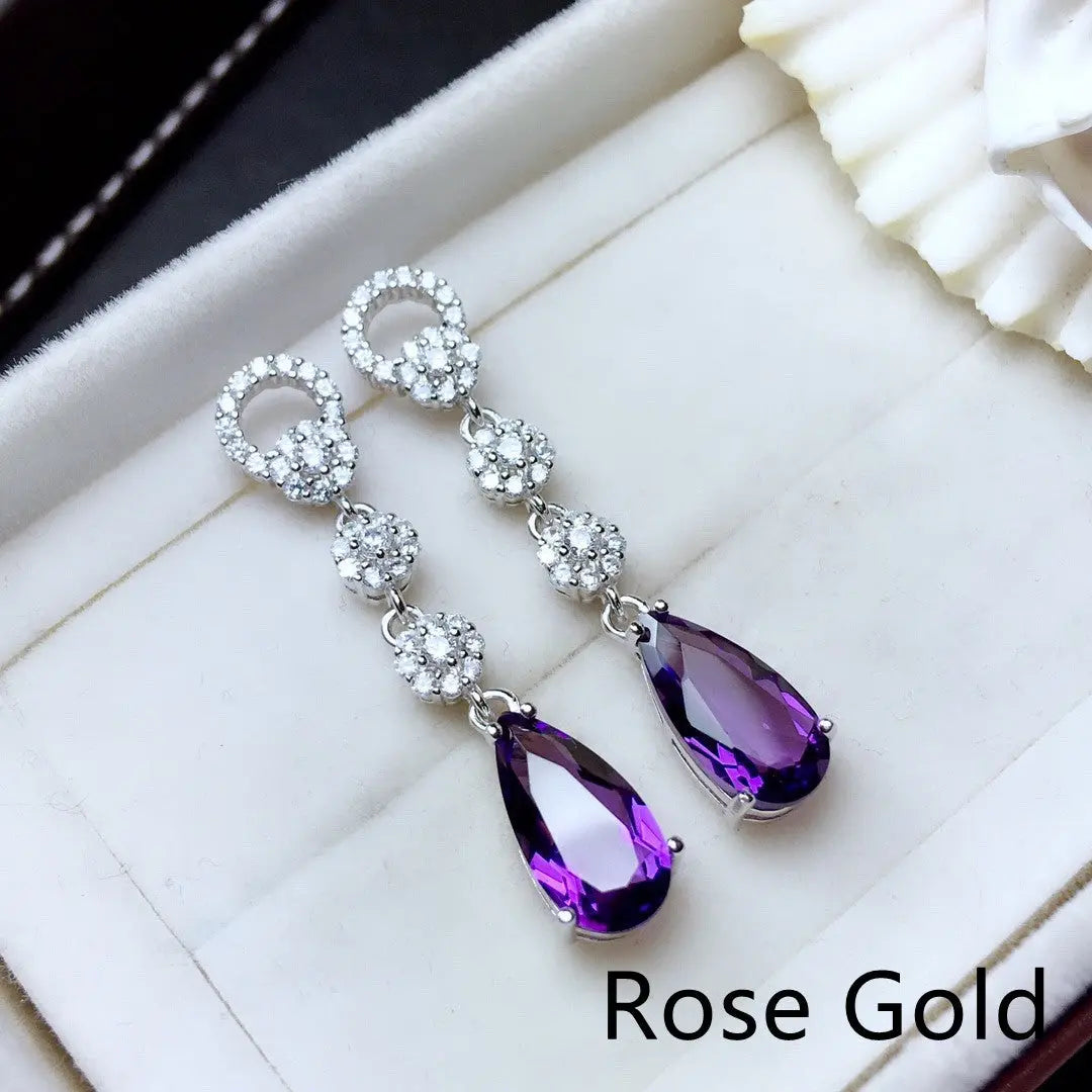 Lovcia Sterling Silver Women's Earrings with Inlaid Amethyst Gemstones-Earrings-Rose Gold-Rose Gold