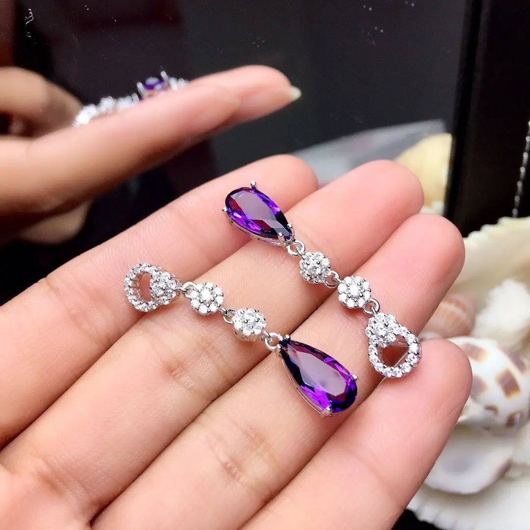 Lovcia Sterling Silver Women's Earrings with Inlaid Amethyst Gemstones-Earrings-Silver-Silver