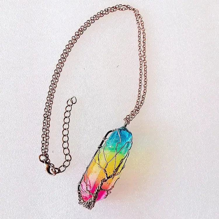 Lovcia Stone Crystal Pillar Tree Of Life Pendant Necklace-Necklaces-Colorful chain-1PCS-Colorful chain