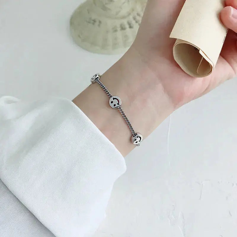 Lovcia Students Three Smile Face Vintage 925 Sterling Silver Bracelet-Bracelets-Vintage-Vintage
