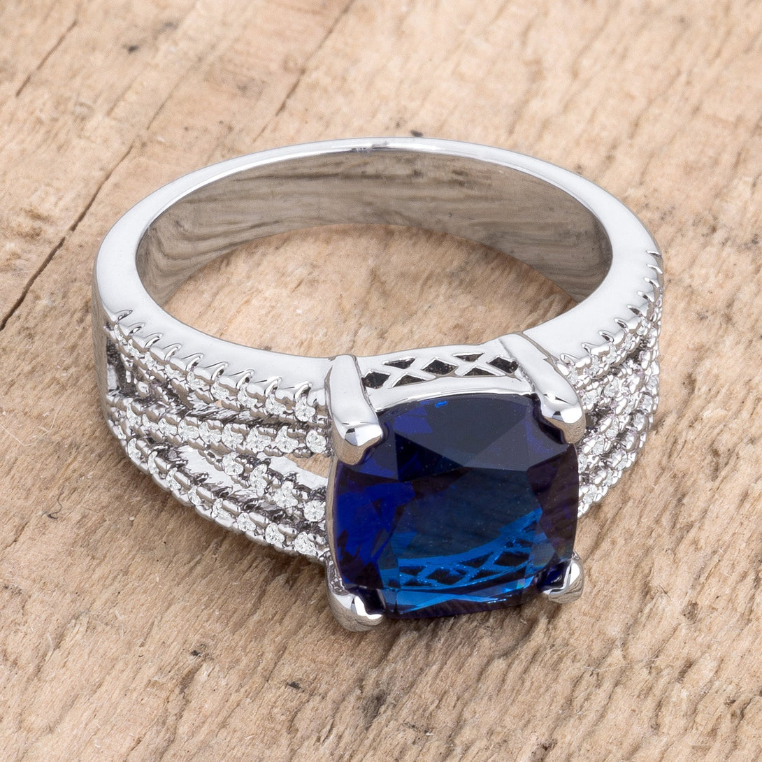 Lovcia Stunning 3ct Sapphire Blue Cushion Cut CZ Engagement Ring with Criss-Cross Silvertone Band-Rings-5-5
