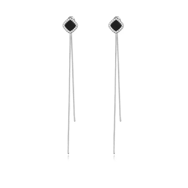 Lovcia Stunning Black Long Sterling Silver Earline for Women-Earrings-White gold-White gold